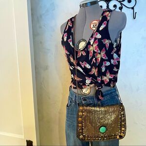 KIMCHI BLUE black gold turquoise sequined crossbody purse stone cabochon & chain